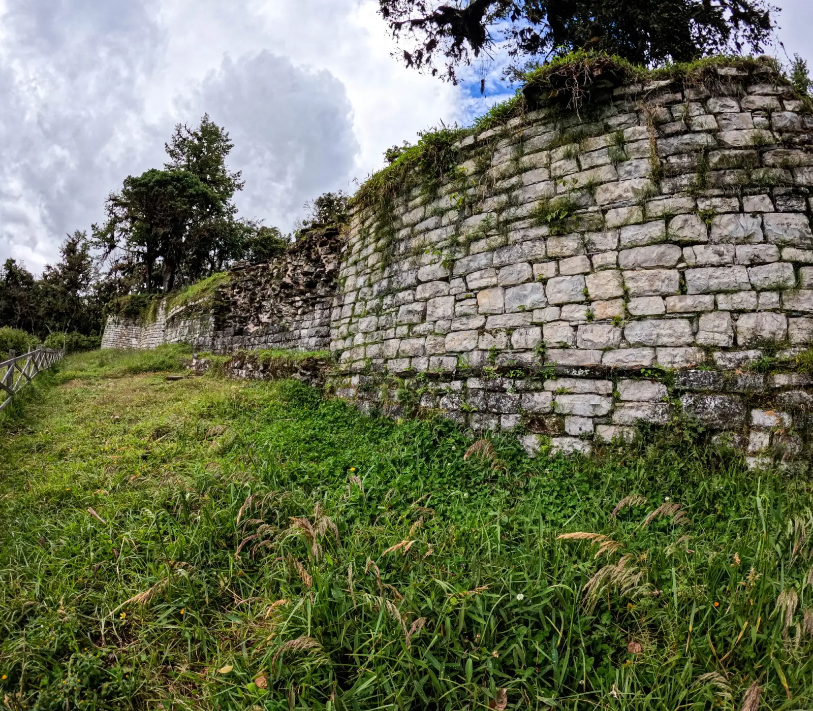 Muro de piedra de un sitio arqueológico en Levanto, cubierto de vegetación, bajo un cielo con nubes.